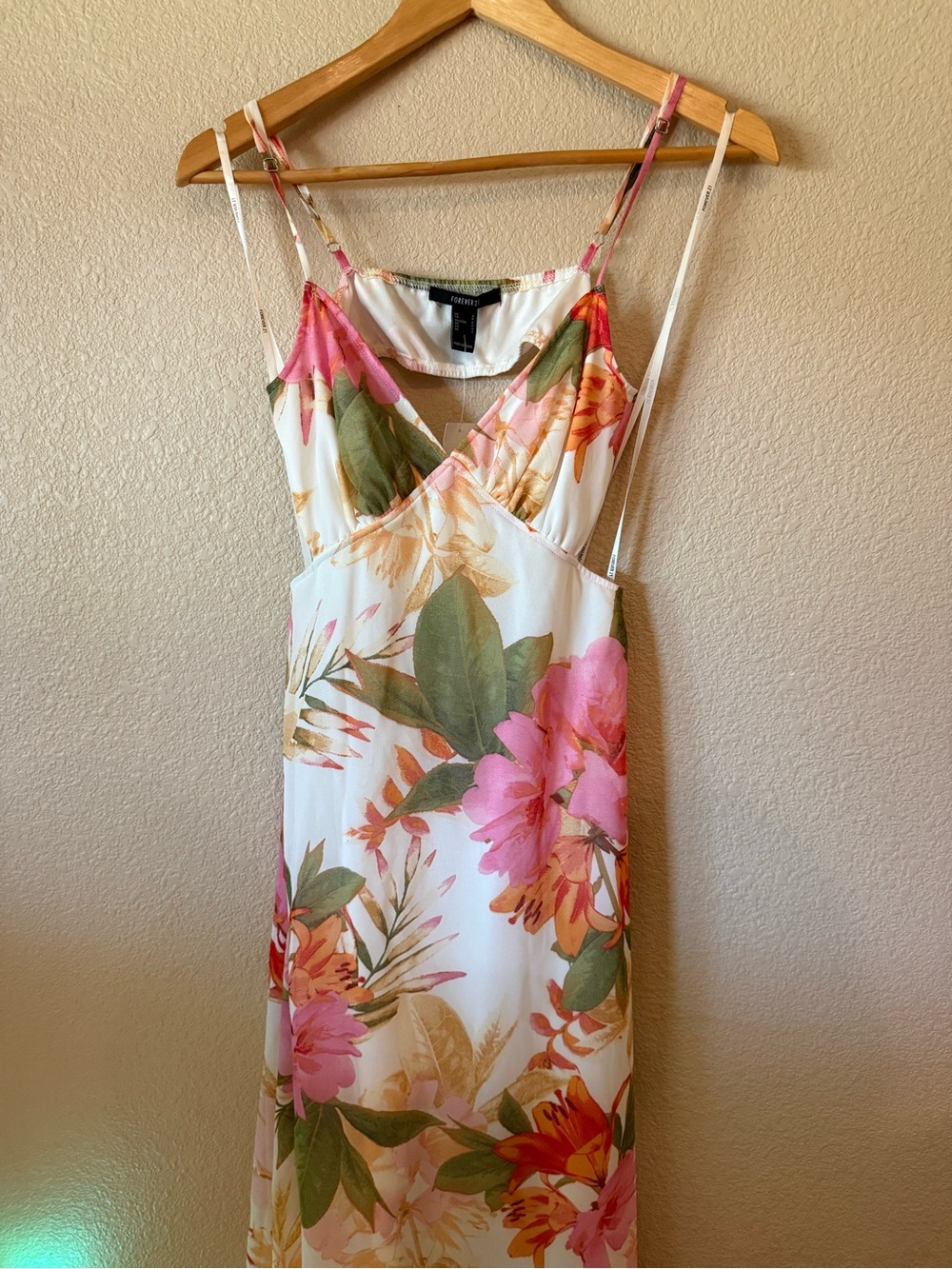 Forever 21 White Floral Slip Dress with Green Trim